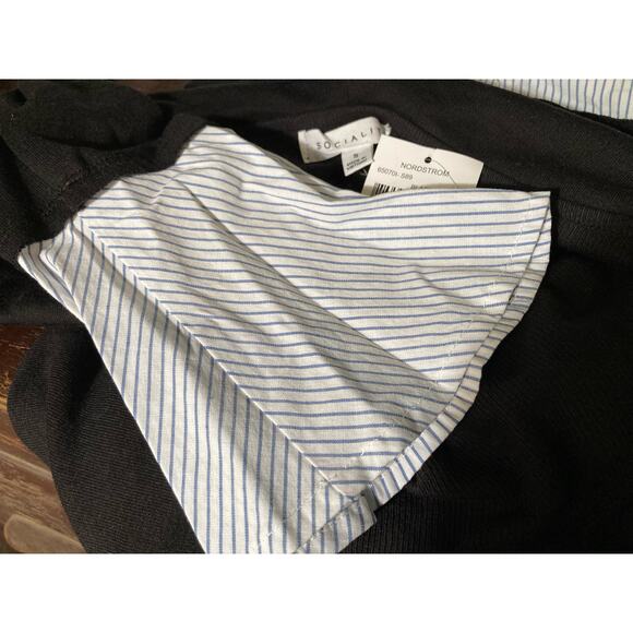 Socialite Cowl Neck Twofer Top Small Black with Blue & White Pinstripe NEW - Picture 4 of 8